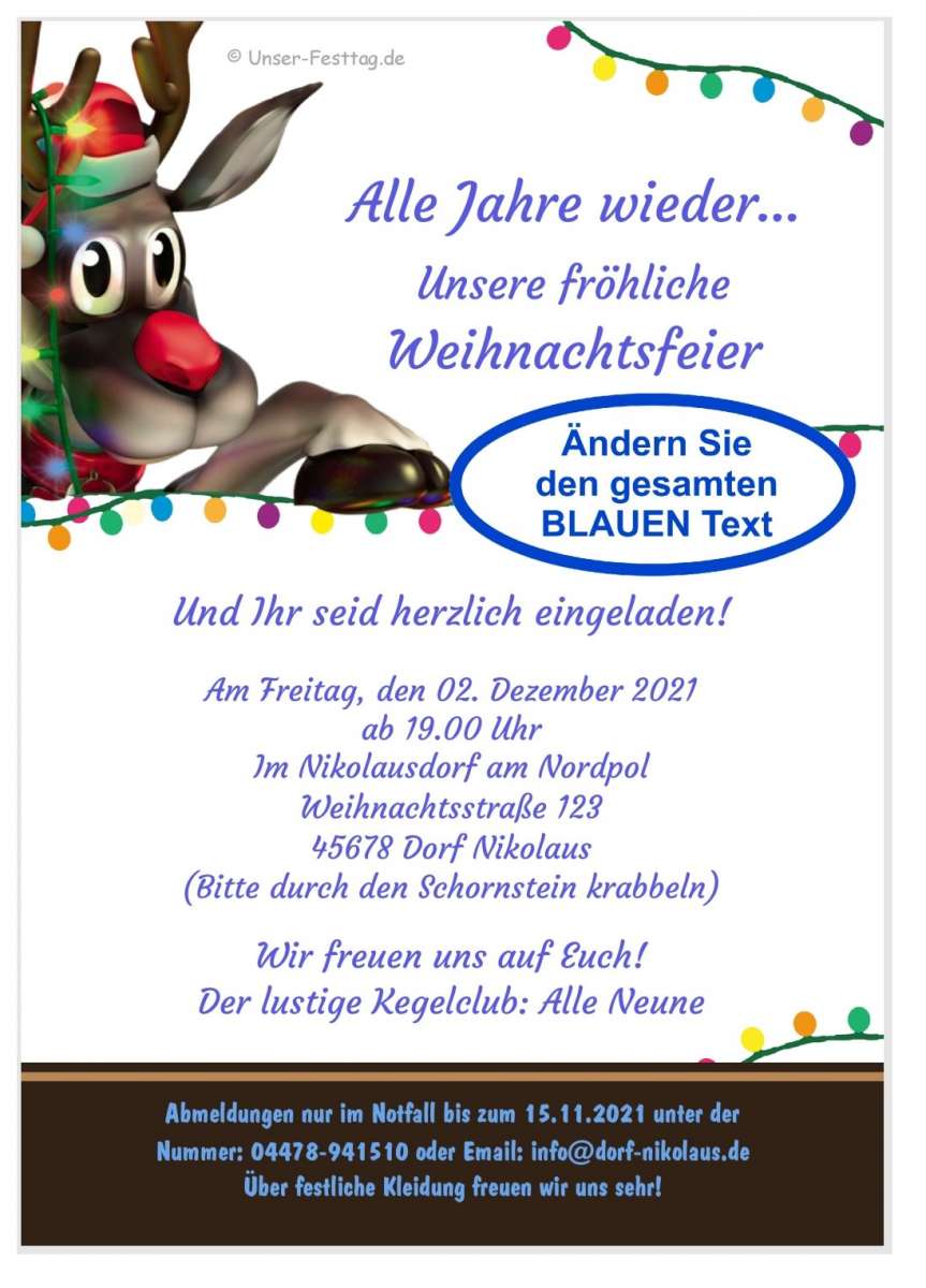 Lustige Einladungen zur Weihnachtsfeier Rudolf lädt ein UnserFesttag