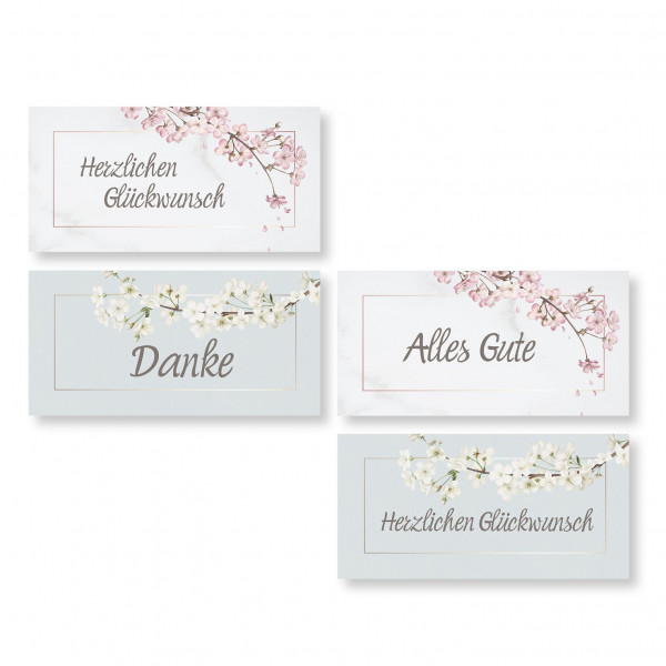 4 x XXL Geschenkkarten zum Verzieren von Pralinenschachteln. 4 verschiedene Motive. Größe 235x115mm. Motiv Kirschblüten.
