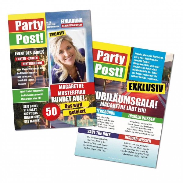 Geburtstagseinladung als originelle Party-Post. Mit Wunschtext, Wunsch-Alter, und Foto.