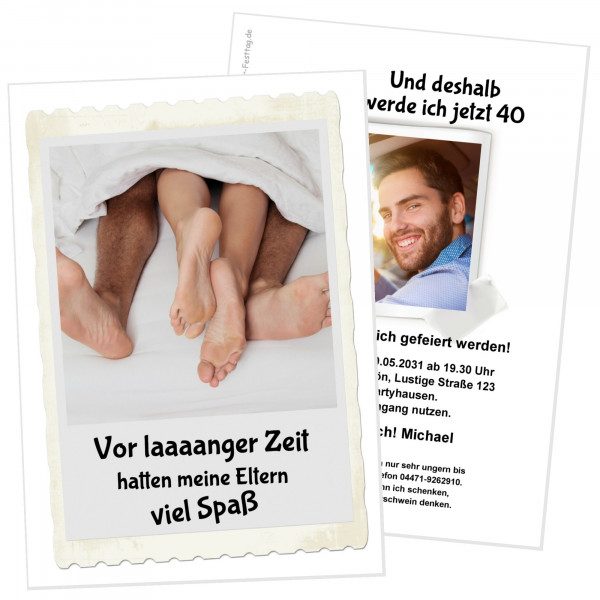 Lustige Geburtstagseinladung mit Spruch: Vor laaaanger Zeit im Bett. Mit Ihrem Foto und Wunschtext.