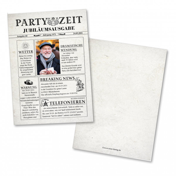 Originelle Geburtstagseinladung mit Foto und Wunschtext. Im Zeitungslook. Motiv Partyzeit.