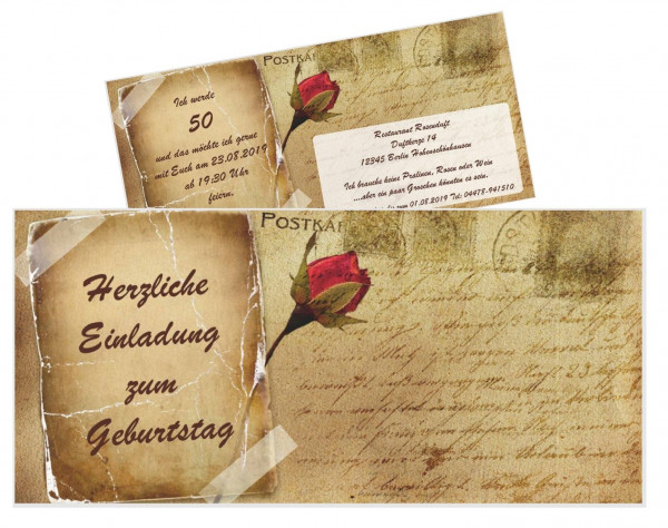 Einladungskarte Vintage mit Rose für fünfzgsten, sechzigsten Geburtstag. Alter änderbar.