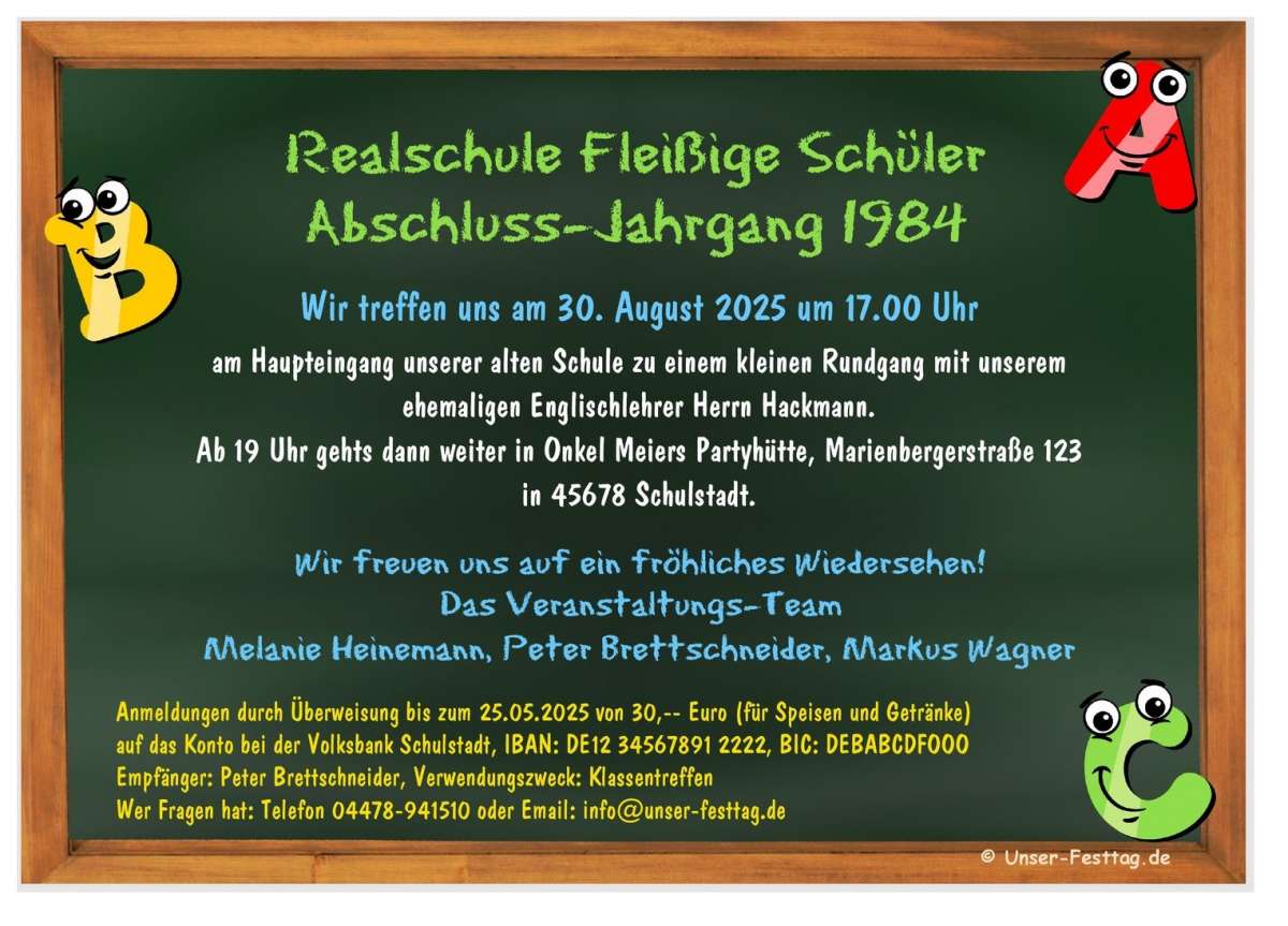 Einladungskarte Klassentreffen Tafel mit Stift UnserFesttag
