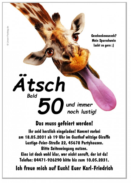 Lustige Geburtstagseinladung Mit Tier Giraffe Ätsch 50 60