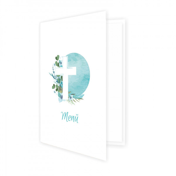 Kommunion Menükarten für Jungen. Motiv Florales Kreuz.