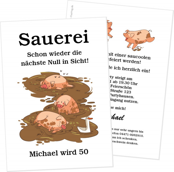 Lustige Geburtstagseinladung zum Fünfzigsten, Sechzigsten, Siebzigsten. Mit witzigen Schweinchen.