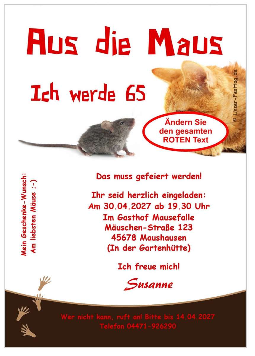 Lustige Geburtstagseinladung Maus. Mit Ihrem Wunschalter! UnserFesttag