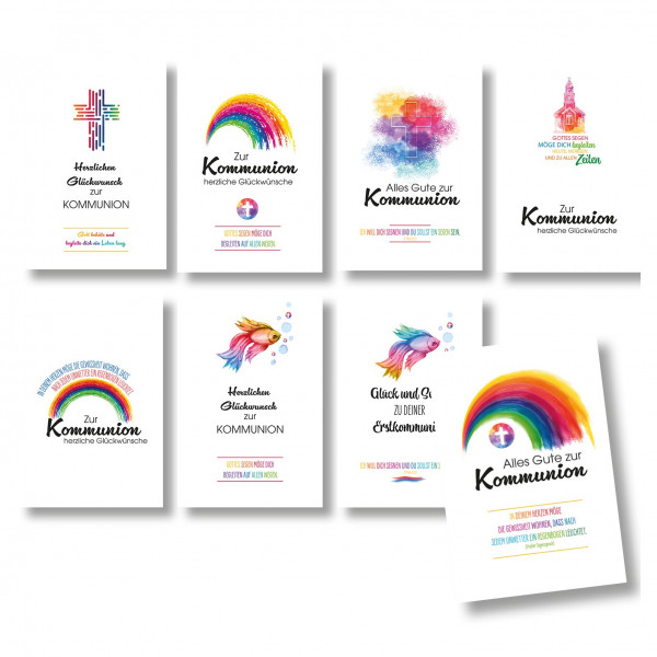 8 x Glückwunschkarten zur Heiligen Erstkommunion für Jungs und Mädchen. Inklusive Umschläge. Set bunte Regenbogen Farben..