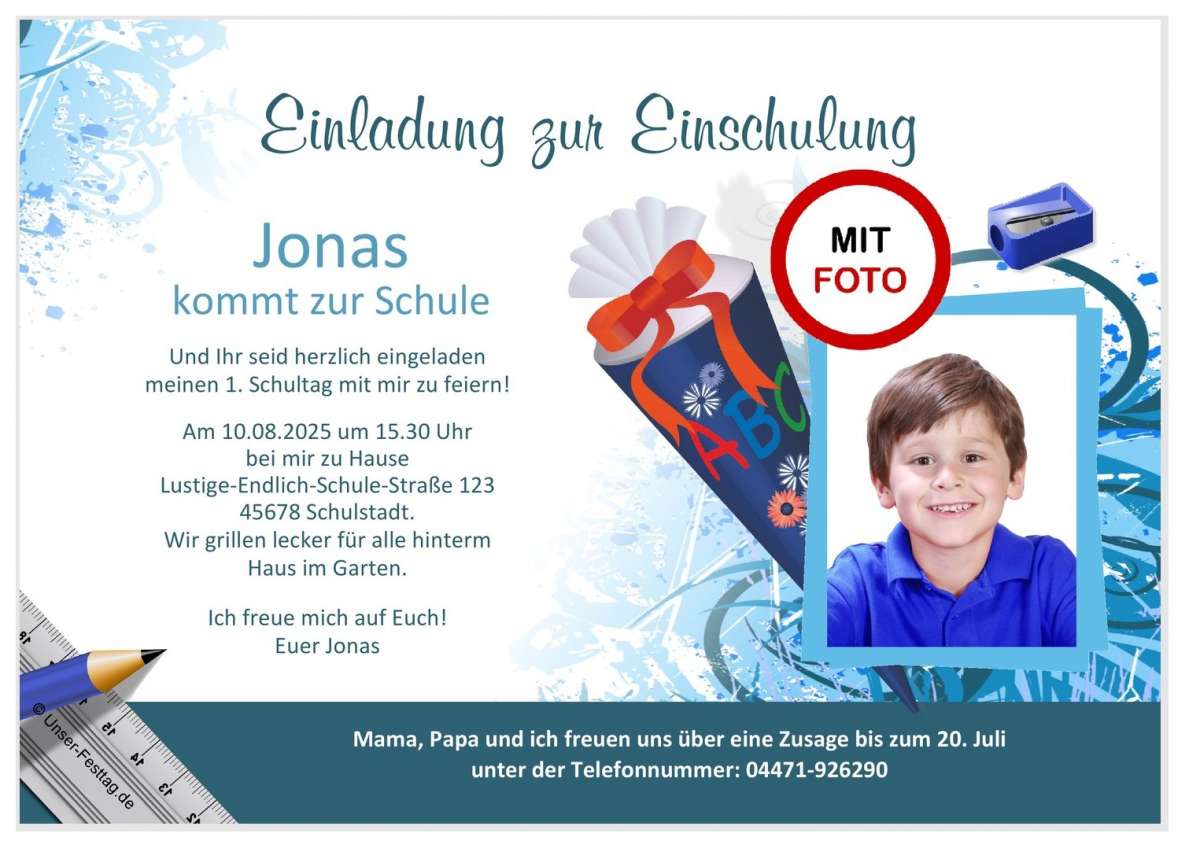 Einladung zur Einschulung mit Foto. Motiv Schultüte UnserFesttag