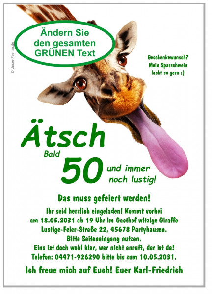 Lustige Geburtstagseinladung mit Giraffe Spruch Ätsch! UnserFesttag