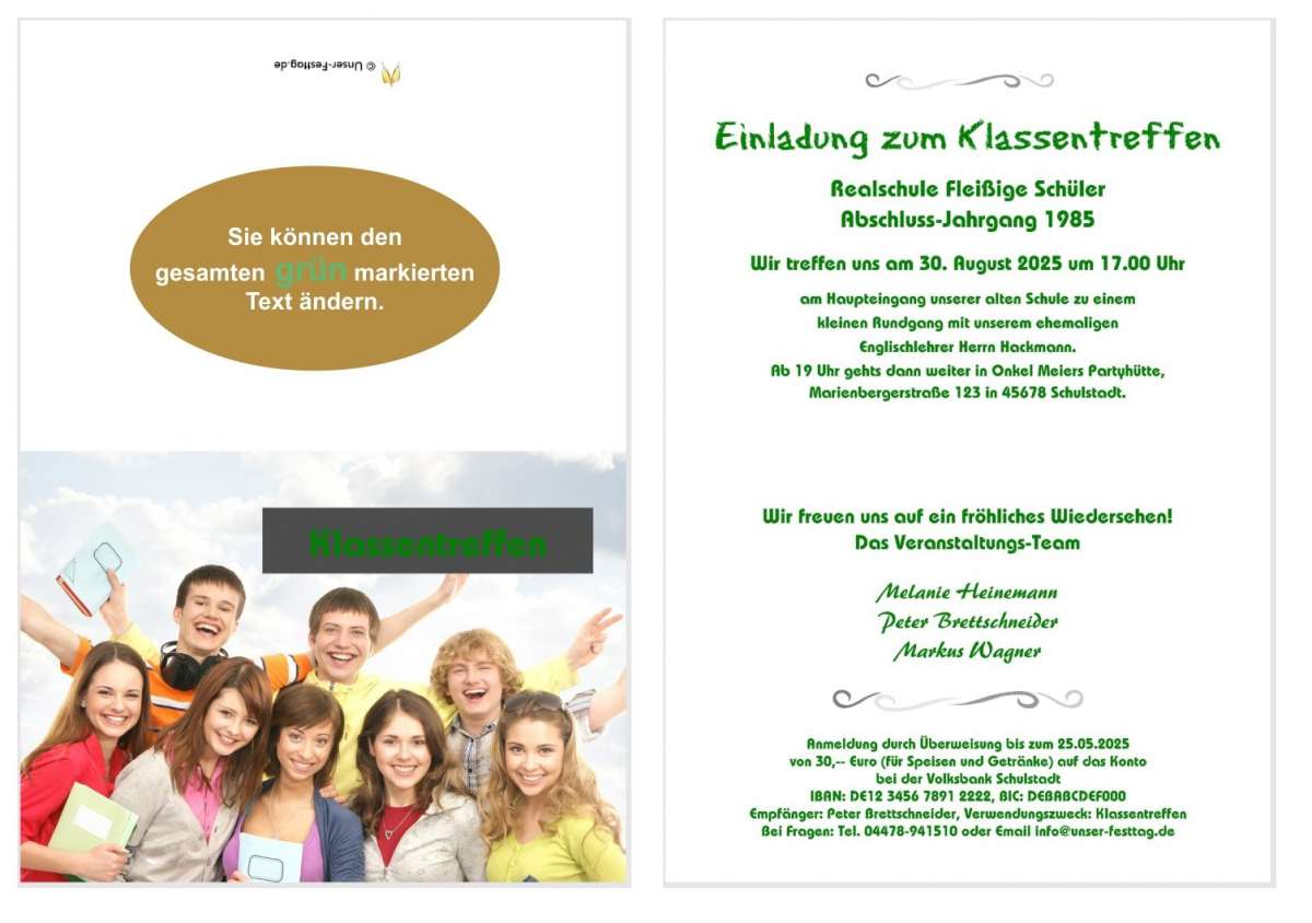 Einladungskarte Klassentreffen Klappkarte mit Klassenfoto UnserFesttag