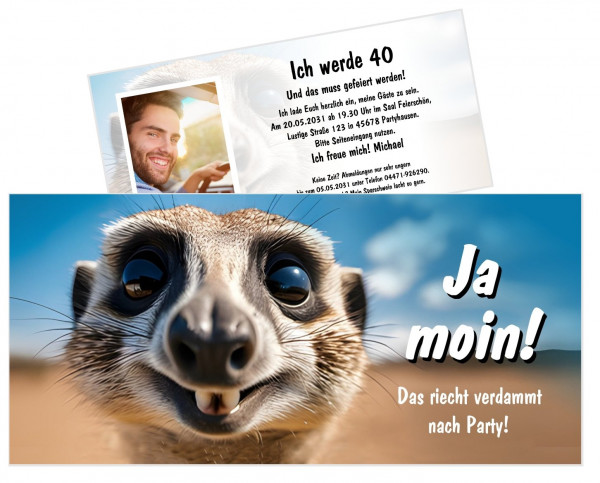 Coole Einladung zum Geburtstag mit Erdmännchen und lustigem Spruch. Din lang Format. Verschiedene Mengen.