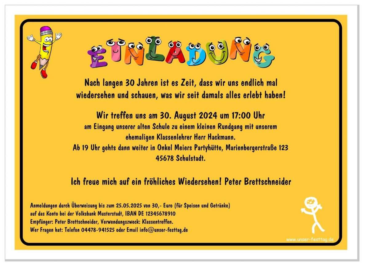 Einladungskarte Klassentreffen Tafel mit Stift UnserFesttag